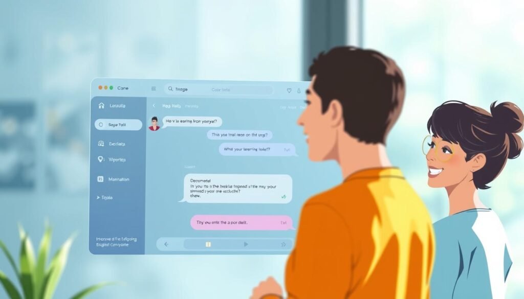 A modern and minimalistic conversation-based English learning platform. In the foreground, a digital illustration depicts two people engaged in a friendly discussion, their faces animated and expressions warm. The middle ground showcases a clean, intuitive user interface with a central chat window, interactive learning tools, and a streamlined navigation menu. The background features a soft, blurred gradient in soothing shades of blue and green, evoking a sense of calm and productivity. Bright, natural lighting illuminates the scene, creating a welcoming and approachable atmosphere. The overall composition conveys the ease and efficiency of learning English through conversational practice on this innovative educational platform.