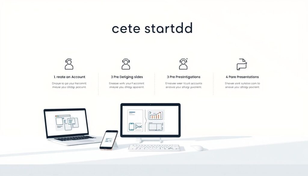 A modern, minimalist illustration showcasing the steps to get started with a presentation platform. In the foreground, a clean, geometric desktop with a laptop, smartphone, and presentation slides. The middle ground features simple icons and infographic elements demonstrating the key steps, such as creating an account, designing slides, and sharing presentations. The background has a subtle, soft-focused gradient in a calming, professional color palette. Lighting is natural and diffused, creating a sense of clarity and focus. The overall composition is balanced, with ample negative space to allow the key elements to stand out.
