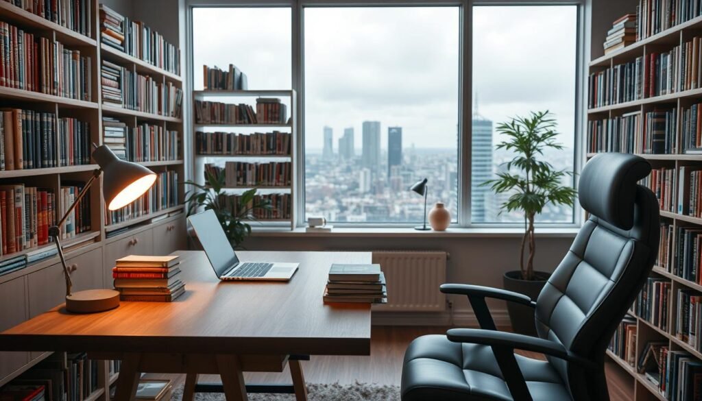 A modern, well-lit home office with a spacious wooden desk and a comfortable ergonomic chair. On the desk, a laptop, a stack of books, and a retro-style lamp casting a warm glow. In the background, bookshelves line the walls, filled with a diverse collection of volumes in various bindings and sizes. Through a large window, a cityscape is visible, hinting at the online marketplace where these books are bought and sold. The scene conveys a sense of tranquility and productivity, with the books and technology working in harmony to facilitate the buying and selling of rare, used, and out-of-print literature.