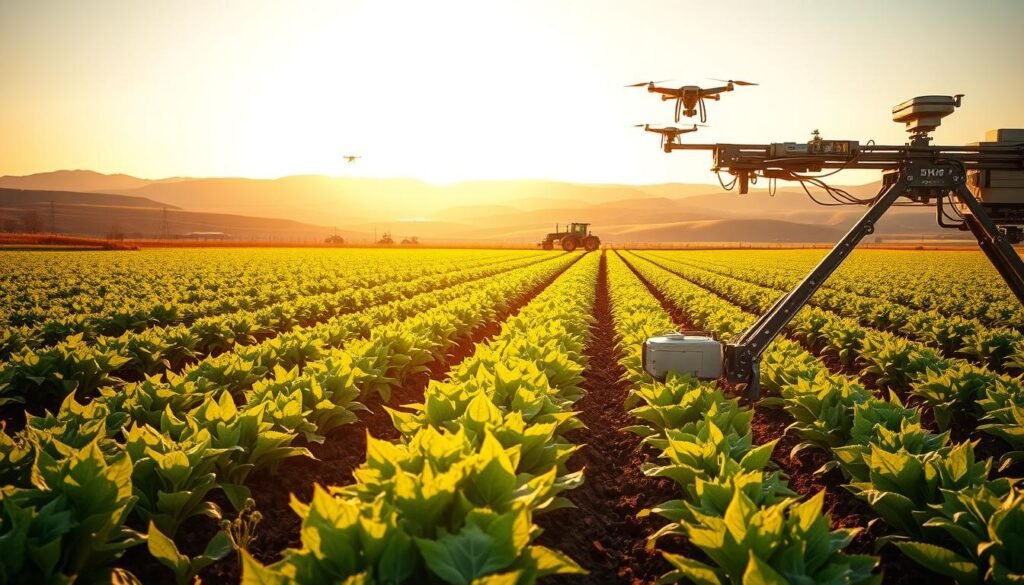 A pristine agricultural field illuminated by warm, golden sunlight. In the foreground, an advanced precision farming implement meticulously tending to the soil, its robotic sensors and precision actuators precisely managing nutrients, moisture, and pest control. In the middle ground, rows of lush, verdant crops sway gently in the breeze, their health and yield optimized by the cutting-edge technology. The background reveals a panoramic vista of rolling hills, punctuated by the gleaming silhouettes of autonomous tractors and drones autonomously surveying and maintaining the thriving farmland. The scene radiates a sense of efficiency, innovation, and a harmonious union between technology and nature.