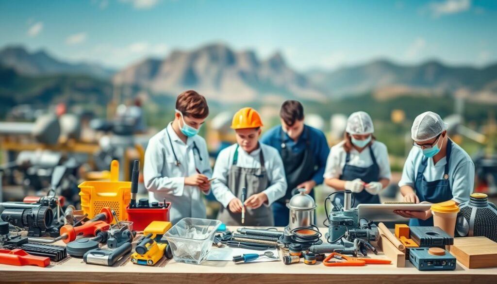 A professional, high-quality image showcasing a diverse array of hard skills in different industries. In the foreground, various tools, equipment, and hands-on tasks representing skills such as coding, engineering, healthcare, culinary arts, and manufacturing. In the middle ground, people engaged in these skilled activities, demonstrating expertise and precision. The background features a blurred, abstract landscape representing the wide range of industries and workplaces where these hard skills are applied. The lighting is bright and natural, capturing the dynamic and hands-on nature of the skills. The overall composition is balanced, visually compelling, and effectively communicates the breadth and importance of hard skills across various professions.