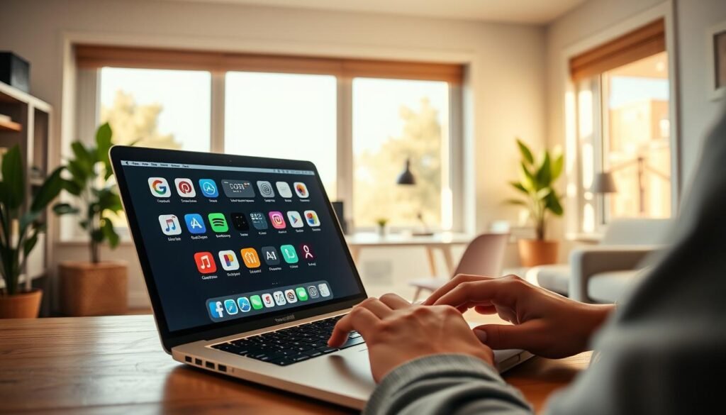 A real-world SetApp experience unfolds in a cozy home office. In the foreground, a user's hands gracefully navigate a sleek MacBook, seamlessly accessing a diverse array of productivity apps. The middle ground reveals a well-organized workspace, with a minimalist desk, a stylish lamp, and a plant adding a touch of nature. In the background, large windows bathe the room in warm, natural light, creating a serene and focused atmosphere. The scene conveys a sense of efficiency, mindfulness, and the effortless integration of SetApp's versatile solutions into everyday tasks.