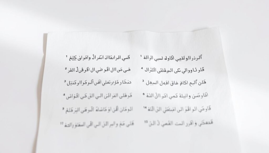 A realistic-looking Arabic exam paper with practice questions, set against a clean white background. The paper should be textured and slightly aged, with a few minor creases or bends. The questions should be clearly printed in a legible Arabic font, with sufficient spacing and formatting to make the content easy to read. The layout should be simple and uncluttered, allowing the focus to remain on the exam content. Subtle lighting from the top left creates soft shadows and depth, giving the image a professional and academic feel. The overall tone should convey a sense of authenticity and educational purpose, reflecting the subject matter of the article.