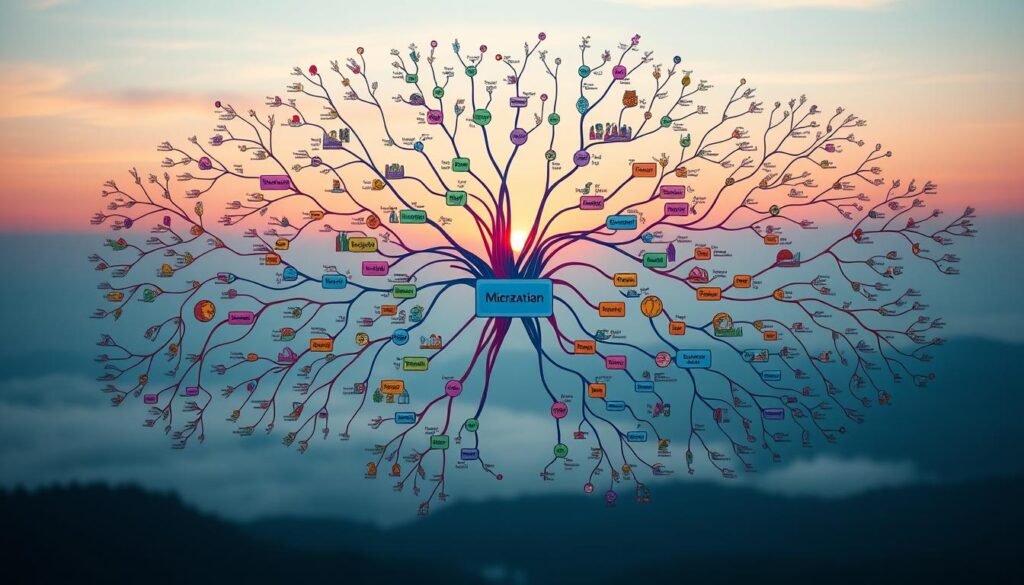 A richly detailed mind map, filled with vibrant colors and organic shapes, floating against a serene, ethereal backdrop. The foreground features a central hub of interconnected nodes, each bursting with carefully organized ideas and concepts. The middle ground showcases a dynamic web of branching pathways, guiding the viewer through a labyrinth of thought. In the distant background, a softly glowing horizon casts a warm, contemplative glow, evoking a sense of clarity and focus. Subtle light sources illuminate the scene, casting delicate shadows and highlighting the textural depth of the mind map's elements. The overall composition conveys a harmonious balance between structure and fluidity, inviting the viewer to explore the boundless potential of the creative mind.