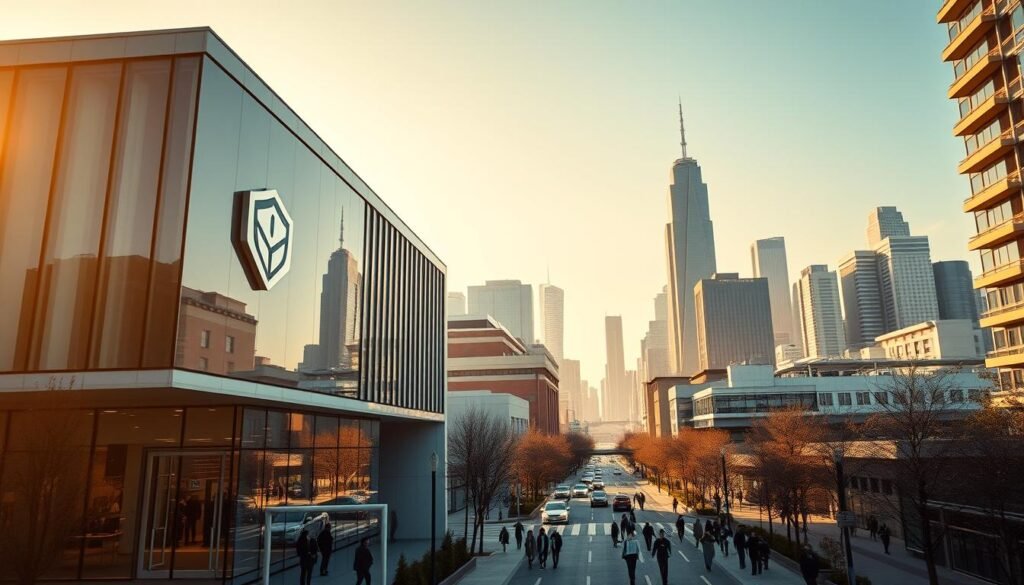 A serene cityscape bathed in a warm, golden glow. In the foreground, a modern office building with sleek, angular architecture and large windows. On the facade, a minimalist logo representing a cybersecurity firm, conveying a sense of professionalism and technological expertise. In the middle ground, a bustling street with people hurrying to and fro, reflecting the growing demand for managed security services. The background features a skyline of towering skyscrapers, a testament to the rapid expansion of the cybersecurity industry. The overall atmosphere evokes a sense of progress, innovation, and the increasing importance of safeguarding digital assets in the modern world.