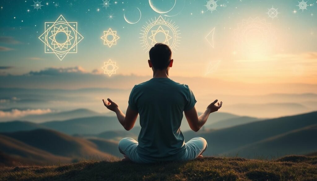A serene, contemplative scene of spiritual growth. In the foreground, a person sits in a lotus position, their eyes closed in deep meditation, surrounded by a soft, diffused light. In the middle ground, glowing symbols and sacred geometric patterns emanate from the figure, representing the inner journey and awakening. The background is a dreamlike landscape of rolling hills, a distant horizon, and a sky filled with celestial bodies and cosmic energy, conveying a sense of connection to the larger universe. The overall mood is one of tranquility, introspection, and a reverence for the mysteries of the spirit.