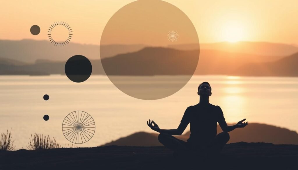 A serene, minimalist scene of personal growth and self-development. In the foreground, a person sits in a meditative pose, eyes closed, surrounded by geometric shapes and abstract patterns that represent the various aspects of personal transformation. The middle ground features a serene, tranquil landscape with rolling hills and a calming body of water, suggesting a sense of balance and harmony. The background is bathed in warm, golden light, creating an atmosphere of introspection and enlightenment. The overall composition conveys a sense of inner peace, focus, and the journey of self-discovery.