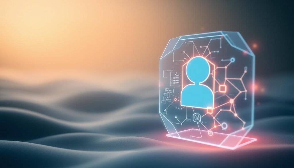 A serene, secure digital landscape depicting data protection in online mental health therapy. A patient's confidential information is represented by glowing geometric shapes, shielded by a translucent forcefield. In the background, a tranquil, muted color palette conveys a sense of privacy and trust. Subtle, indirect lighting casts a warm, comforting glow, while the camera angle suggests an elevated, omniscient perspective - symbolizing the comprehensive safeguarding of sensitive data. Intricate, layered details reflect the multifaceted nature of digital privacy in the context of remote therapeutic services.