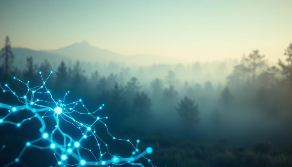 A serene, tranquil landscape with a glowing, illuminated neural network pulsing in the foreground. The network's nodes and connections are rendered in a vibrant, electric blue, casting a soft, ambient light across the scene. In the background, a hazy, dreamlike forest stretches out, with ethereal, translucent trees and a gently-glowing sky. The overall mood is one of introspection, focus, and the harmony between the physical and the cerebral. Crisp, high-resolution details with a cinematic, 35mm lens perspective.