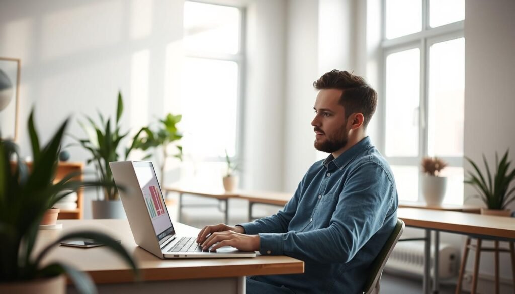 A serene, well-lit classroom scene with a user navigating a modern online learning platform on a laptop. Soft sunlight filters through large windows, illuminating the minimalist yet inviting interior. The user, immersed in their studies, is surrounded by potted plants and understated decor, creating a calm, focused atmosphere. The platform's interface is clean and intuitive, drawing the viewer's attention to the user's engaged expression. The composition emphasizes the harmony between the digital and physical learning environments, reflecting the seamless user experience on the DataCamp platform.