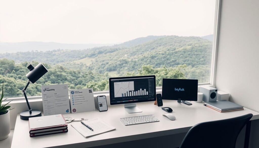 A serene workspace with a clean, minimalist aesthetic. On the desk, an assortment of productivity apps and tools arranged neatly, including to-do lists, calendars, and collaborative software. The lighting is soft and diffused, creating a calm, focused atmosphere. In the background, a panoramic view of a lush, verdant landscape, hinting at the balance between work and nature. The overall composition conveys a sense of organization, efficiency, and tranquility, perfectly capturing the essence of "تطبيقات الإنتاجية الشاملة".