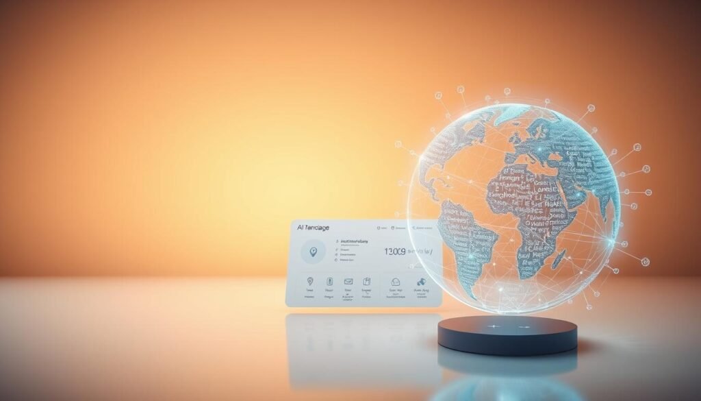 A sleek, futuristic language learning app interface floats in a serene, minimalist environment. In the foreground, a holographic projection of a stylized globe with interconnected language nodes pulsates with information. In the middle ground, a clean, intuitive dashboard with touchscreen controls and crisp iconography. The background is bathed in a warm, diffused lighting, creating a sense of calm focus. The overall composition conveys a seamless, immersive experience for the user, highlighting the app's advanced AI-powered language learning capabilities.