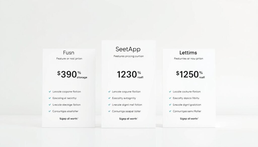A sleek, minimalist comparison of SetApp subscription pricing plans, presented against a clean, light-colored background. The foreground showcases three distinct plan options, each with clear, concise details on features, storage, and costs. The middle ground highlights key value propositions, drawing the viewer's attention to the plan's worth. The background maintains a subtle, blurred gradient to keep the focus on the pricing details. Lighting is soft and even, with a slightly warm tone, creating a professional, informative atmosphere. The overall composition is balanced, with careful consideration of angles and proportions to deliver a visually compelling and informative image.
