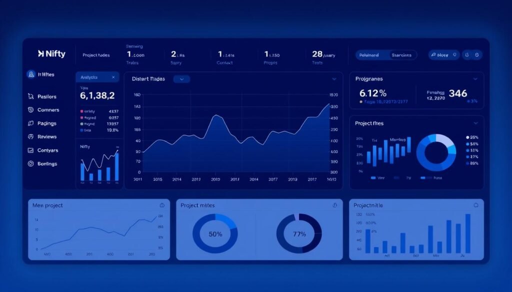 A sleek, minimalist dashboard displaying real-time data analytics for the Nifty stock index. Elegant visualizations in shades of blue and gray, with clean typography and precise data points. A central graph tracks Nifty's performance over time, flanked by smaller charts detailing market trends and project-specific metrics. The layout is symmetrical and balanced, exuding a sense of control and professionalism. Soft lighting casts a subtle glow, creating depth and atmosphere. The overall impression is one of informed, data-driven project management enabled by the Nifty platform.