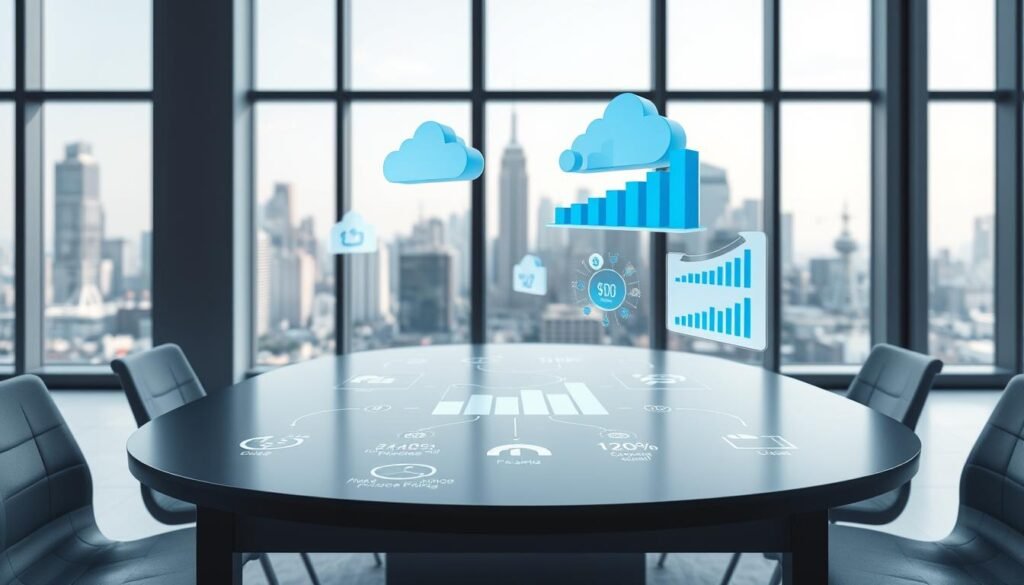A sleek, minimalist office interior with large windows overlooking a cityscape. In the foreground, a modern conference table with various cloud computing icons and diagrams projected onto its surface, illustrating different pricing models and strategies. Subtle blue and gray color tones create a professional, tech-forward atmosphere. Indirect lighting casts a soft glow, highlighting the details of the pricing visualizations. The middle ground features stylized 3D graphs and charts floating in the air, showcasing cloud service cost comparisons and subscription-based pricing. In the background, the city skyline is visible through the windows, representing the global scale and reach of cloud-based SaaS solutions.