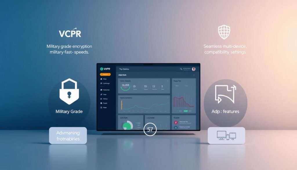 A sleek, modern VPN interface with advanced features prominently displayed. In the foreground, large icons and clear labels showcase the VPN's top capabilities - military-grade encryption, lightning-fast speeds, and seamless multi-device compatibility. The middle ground features a minimalist dashboard layout, allowing users to easily monitor connection status and toggle settings. In the background, a subtle radial gradient creates depth and draws the eye towards the center of the screen. The overall aesthetic is clean, elegant, and technologically sophisticated, reflecting the power and reliability of the advanced VPN service.