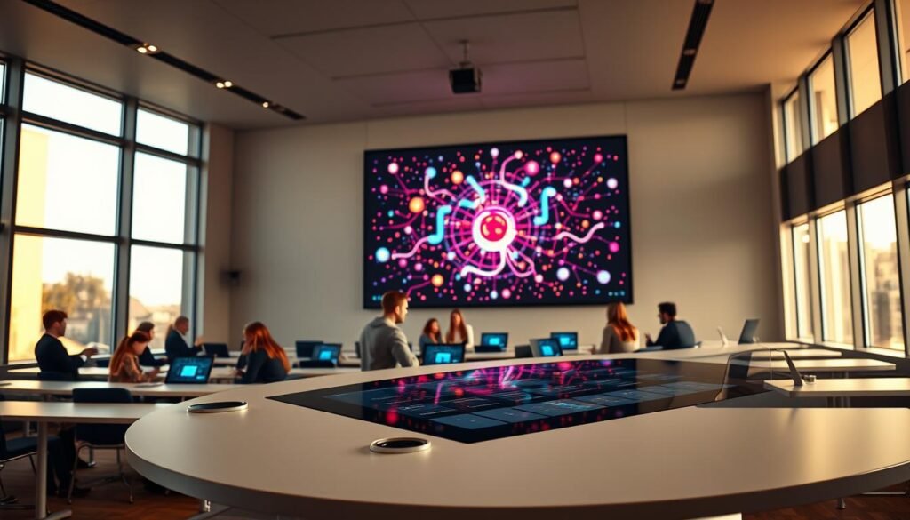 A sleek, modern classroom with floor-to-ceiling windows, bathed in warm natural light. In the foreground, a curved, minimalist desk with a touch-enabled display and integrated learning tools. Behind it, a group of students engaged in collaborative learning, their faces lit by the glow of interactive screens. In the background, a towering projection screen displays a vibrant, data-driven visualization of interconnected concepts. The overall atmosphere exudes a sense of innovation, technology, and immersive, personalized education - the cutting-edge of Mindvalley's learning experience.