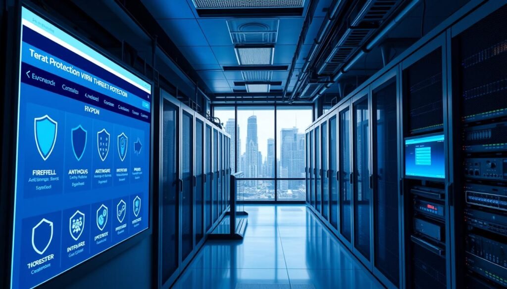 A sleek, modern data center with racks of servers and security equipment. In the foreground, a virtual private network (VPN) dashboard displays various threat protection features - firewall, antivirus, anti-malware, and intrusion detection. Soft blue lighting illuminates the scene, conveying a sense of technological sophistication and robust security. The middle ground showcases network cables, routers, and monitoring screens, highlighting the complex infrastructure behind a reliable VPN service. In the background, a cityscape with skyscrapers can be seen through large windows, suggesting the global reach and scale of the VPN's protection capabilities. The overall atmosphere is one of advanced, cutting-edge technology safeguarding digital privacy and security.