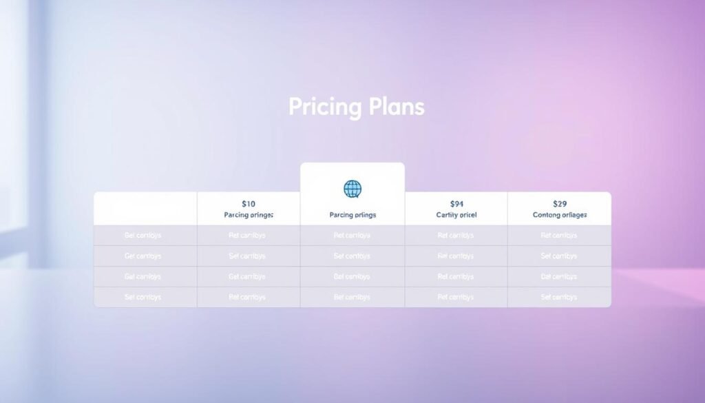 A sleek, modern image showcasing the pricing plans for Cambly's English learning services. In the foreground, a clean, minimalist table displays the different package options, each with its own distinctive icon and price point. The middle ground features a soft, blurred background with a muted color palette, drawing the viewer's focus to the pricing details. Subtle gradients and soft lighting create a professional, high-quality aesthetic. The overall composition is balanced, visually appealing, and effectively communicates the "Pricing Plans" section of the article.