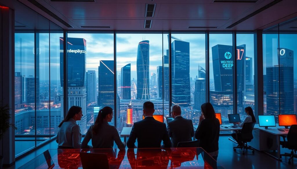 A sleek, modern office interior with large windows overlooking a vibrant cityscape. In the foreground, a group of executives gathered around a conference table, deep in discussion, their faces lit by the warm glow of holographic displays. In the middle ground, engineers and researchers collaborate at workstations, surrounded by cutting-edge technology. The background features the towering headquarters of leading deep tech companies, their facades adorned with minimalist architectural elements and glowing neon logos. The scene is bathed in a cool, futuristic lighting, creating an atmosphere of innovation and technological progress.