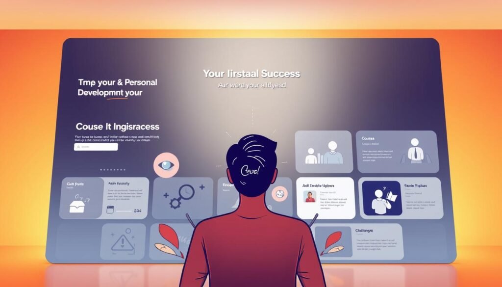 A sleek, modern personal development platform with a clean, minimalist interface. The foreground features a stylized illustration of a person engaged in self-reflection, surrounded by abstract icons representing various aspects of personal growth. The middle ground showcases a series of interactive tiles or modules, each highlighting a different component of the platform's functionality, such as courses, challenges, and community features. The background setting is warm and serene, with soft lighting and a subtle gradient that evokes a sense of introspection and personal transformation. The overall composition conveys a harmonious, user-friendly experience that empowers individuals on their journey of self-improvement and success.