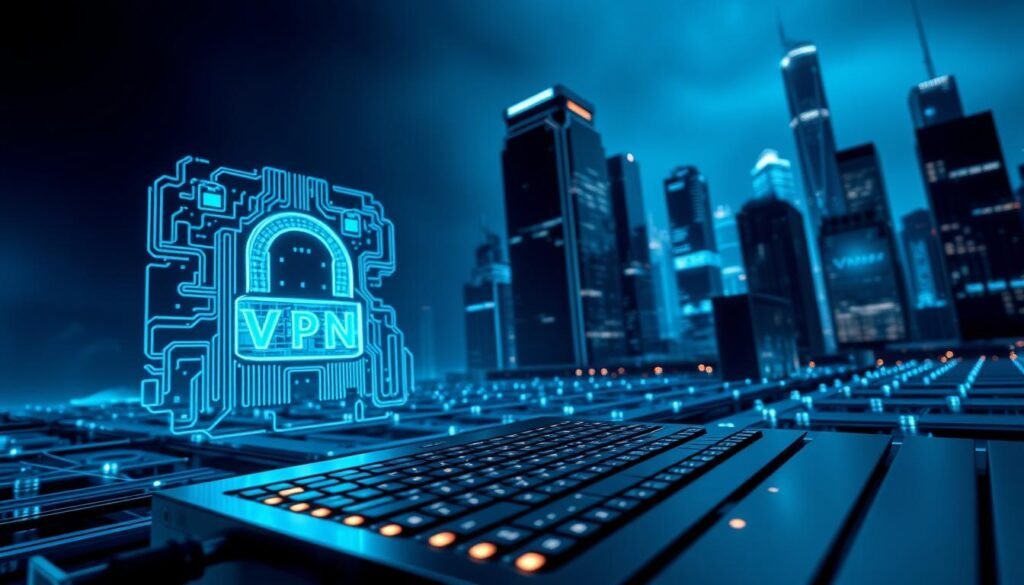 A sophisticated VPN system with intricate, futuristic protocols. In the foreground, a sleek, metallic VPN interface with dynamic visualizations of encrypted data streams. In the middle ground, a network of interconnected server nodes, each pulsing with subtle neon lights. In the background, a cityscape of towering skyscrapers bathed in a cool, electric-blue hue, suggesting advanced, cutting-edge technology. The overall scene conveys a sense of power, security, and seamless digital protection. Lighting is dramatic, with strong shadows and highlights, creating depth and emphasizing the technical complexity. The camera angle is low, looking up at the VPN interface, conveying a sense of grandeur and importance.