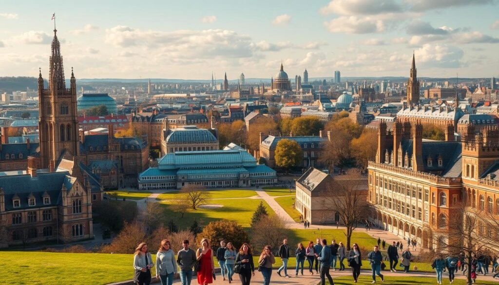 A sprawling campus nestled amidst towering spires and grand architecture, showcasing the prestige and global appeal of the UK's top-ranked universities. In the foreground, a diverse group of international students stroll leisurely, engaged in lively discussion. The middle ground features state-of-the-art facilities and modern learning spaces, reflecting the cutting-edge education on offer. In the background, a stunning skyline of historic landmarks and vibrant cityscapes, capturing the essence of the UK's rich cultural heritage. The scene is bathed in warm, golden light, conveying a sense of opportunity, intellect, and the promise of a transformative educational experience.