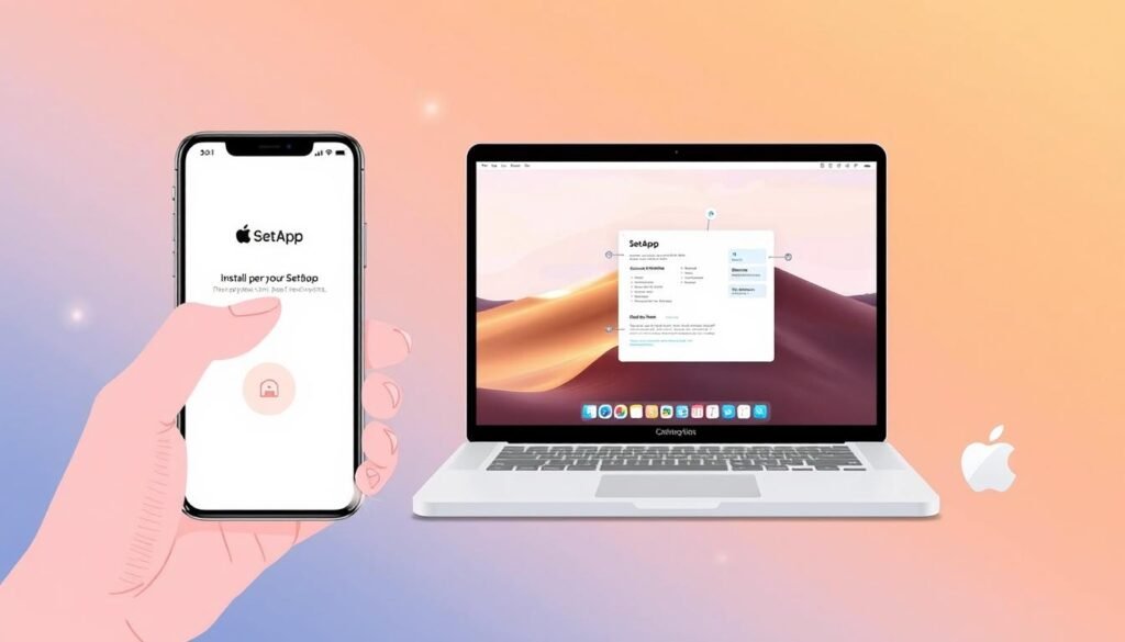 A step-by-step illustration of installing the SetApp productivity app on Apple devices. In the foreground, a user's hand gently taps on an iPhone screen, guiding through the SetApp installation process. The middle ground depicts a MacBook displaying the SetApp interface, showcasing its clean, intuitive design. In the background, a subtle gradient of warm tones and soft lighting creates a calming, focused atmosphere, emphasizing the seamless integration of SetApp into the Apple ecosystem. The overall scene conveys the simplicity and efficiency of the SetApp installation, making it accessible and user-friendly for Apple users.