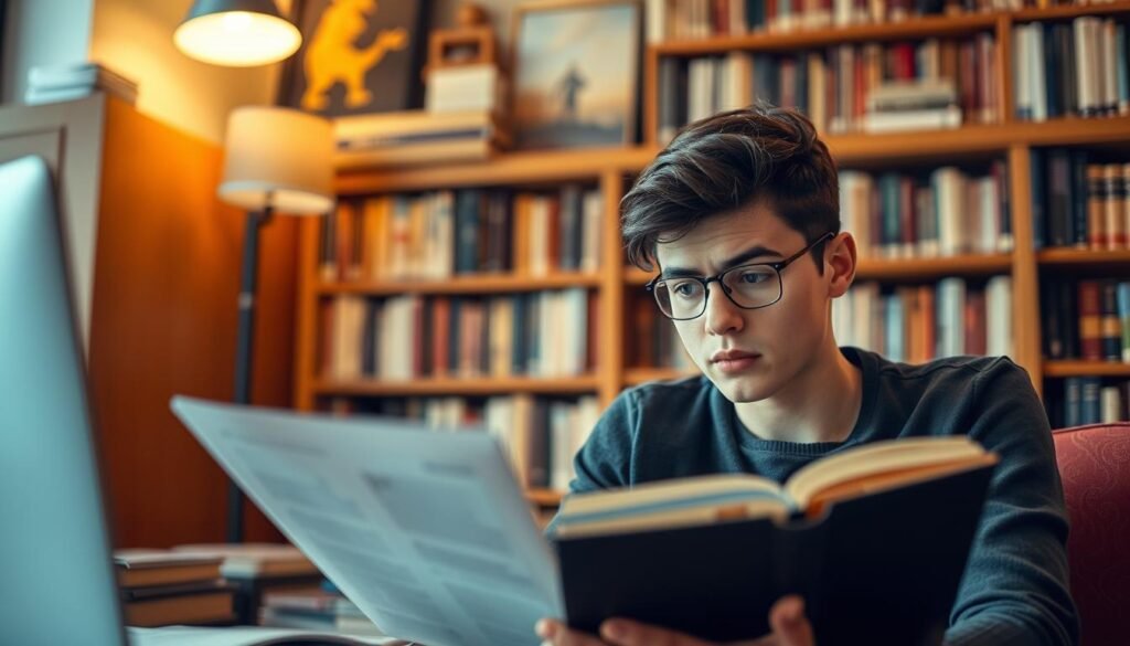 A thoughtful and engaged student carefully considers their options, studying profiles and reviews of online tutors from AmazingTalker. The scene is set in a cozy, book-filled study, with warm lighting and a contemplative atmosphere. The student's expression is focused, brow furrowed, as they assess the qualifications and teaching styles of potential instructors, seeking the perfect match to support their educational goals.