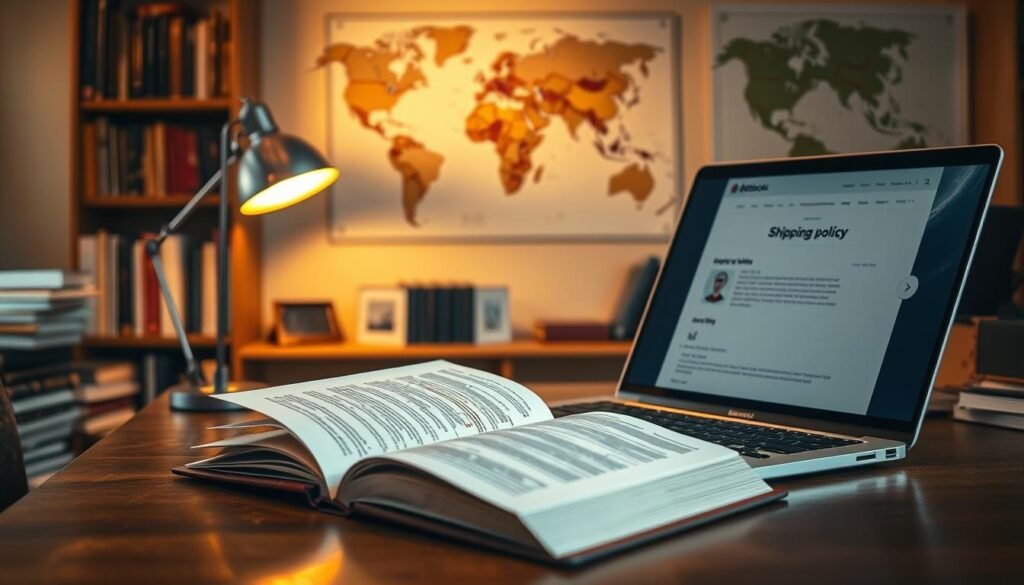A tranquil scene depicting the shipping and delivery policy of AbeBooks, the leading marketplace for rare and antique books. The image should showcase a cozy, well-lit office space with a wooden desk, an open book, and a laptop displaying shipping details. In the background, carefully stacked book shelves convey a sense of expertise and attention to detail. Warm lighting from a desk lamp creates a professional, inviting atmosphere, while a world map on the wall suggests the global reach of the company's services. The overall composition should exude a sense of reliability, efficiency, and a dedication to the customer experience.
