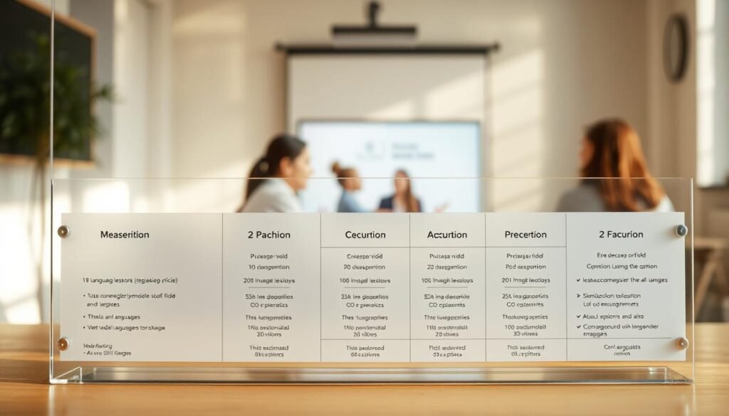 A transparent, glass-like display showcasing various language lesson packages. The foreground features a clean, minimalist table with neatly arranged pricing details, package options, and service descriptions. The middle ground depicts a subtly blurred background of an online classroom setting, with the faint silhouettes of a teacher and students. Warm, natural lighting bathes the scene, creating a sense of openness and transparency. The overall atmosphere conveys a professional, educational vibe, inviting the viewer to explore the transparent and straightforward pricing structure for the language lessons.