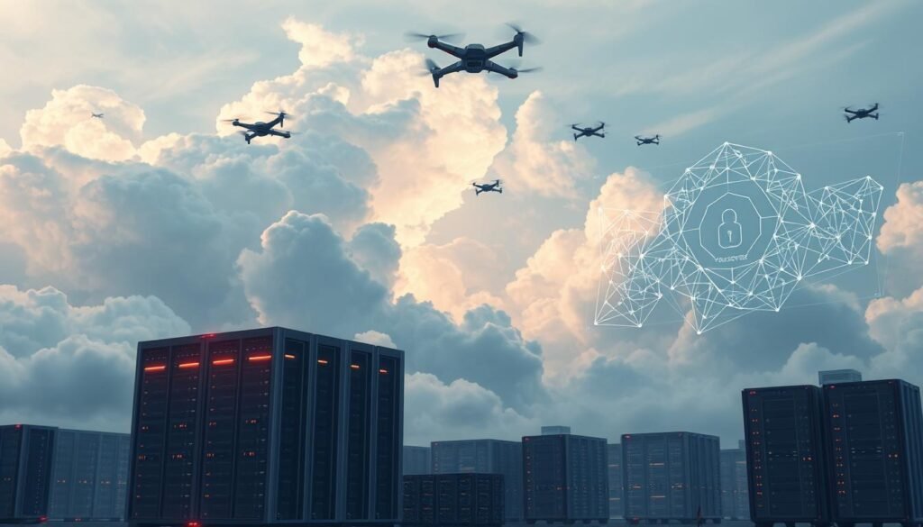 A vast cloud landscape dominates the background, its wispy tendrils intertwining with sleek, futuristic AI constructs. In the foreground, a cluster of data centers stand tall, their servers and cooling systems illuminated by a warm, ambient glow. Floating holographic displays showcase intricate security protocols, their geometric patterns pulsing with real-time threat analysis. Overhead, a network of satellites and drones patrol the digital airspace, vigilantly monitoring for any signs of cyber-attacks. The scene exudes a sense of technological prowess and the relentless pursuit of safeguarding the digital realm, reflecting the evolving challenges and opportunities in the cybersecurity sector.