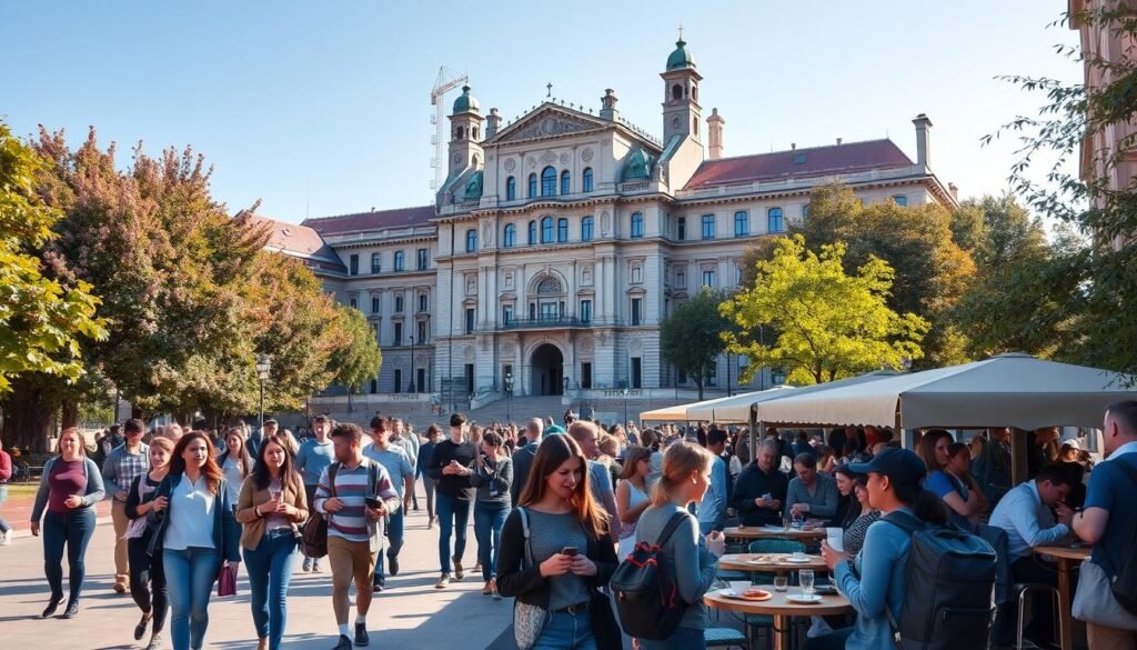 A vibrant and diverse European university campus scene, captured in warm afternoon sunlight. In the foreground, students stroll along a tree-lined promenade, chatting animatedly and carrying books. In the middle ground, a lively outdoor cafe bustles with students sipping coffee and enjoying fresh pastries. In the background, a grand, historic university building stands tall, its ornate architecture evoking the rich academic heritage of the continent. The atmosphere is one of intellectual curiosity, cultural exchange, and youthful energy, reflecting the vibrant student life that defines the European university experience.