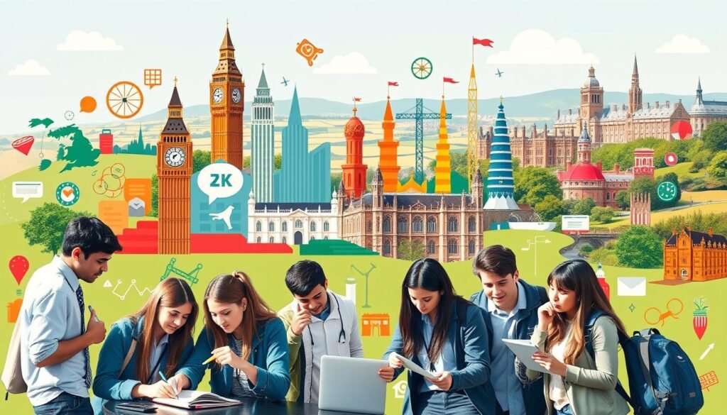 A vibrant and diverse collage of popular academic courses in the UK, captured in a clean and contemporary style. In the foreground, a group of students engage in hands-on learning, surrounded by icons and symbols representing a range of subjects, from engineering and computer science to business and law. The middle ground features iconic landmarks of the UK, such as Big Ben and the University of Oxford, while the background showcases a picturesque countryside landscape, evoking the rich cultural heritage of the nation. The scene is illuminated by warm, natural lighting, creating a welcoming and inviting atmosphere that captures the essence of the UK's renowned educational system.