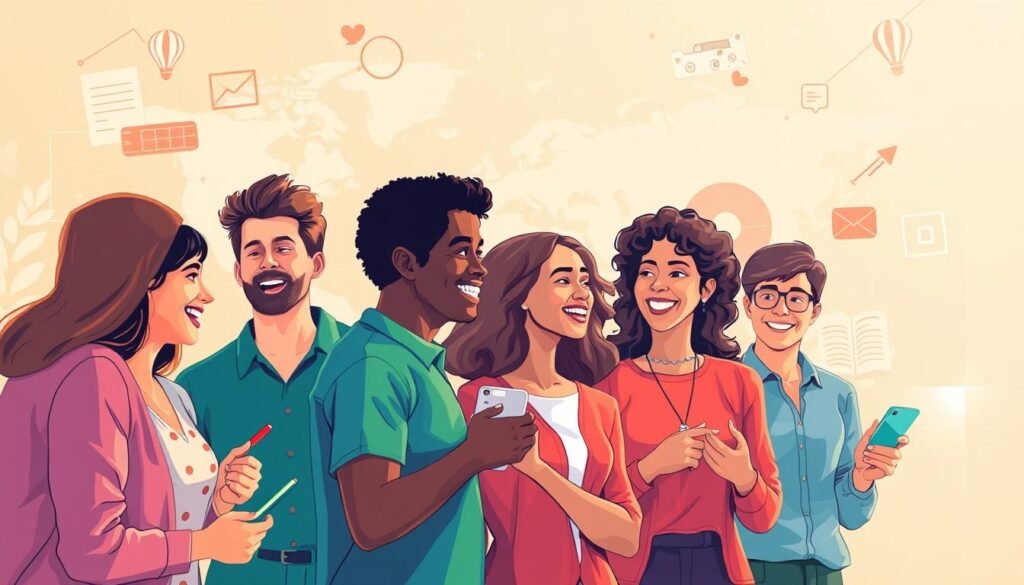 A vibrant and dynamic illustration showcasing the benefits of learning English with Cambly. In the foreground, a diverse group of individuals engaged in lively conversation, their faces alight with enthusiasm and confidence. The middle ground features various interactive learning tools and resources, highlighting the interactive and engaging nature of the Cambly platform. In the background, a stylized world map symbolizes the global reach and impact of mastering the English language. The scene is bathed in a warm, inviting light, creating a sense of optimism and personal growth. The overall composition conveys the transformative power of English language proficiency, empowering individuals to connect, explore, and succeed in an interconnected world.