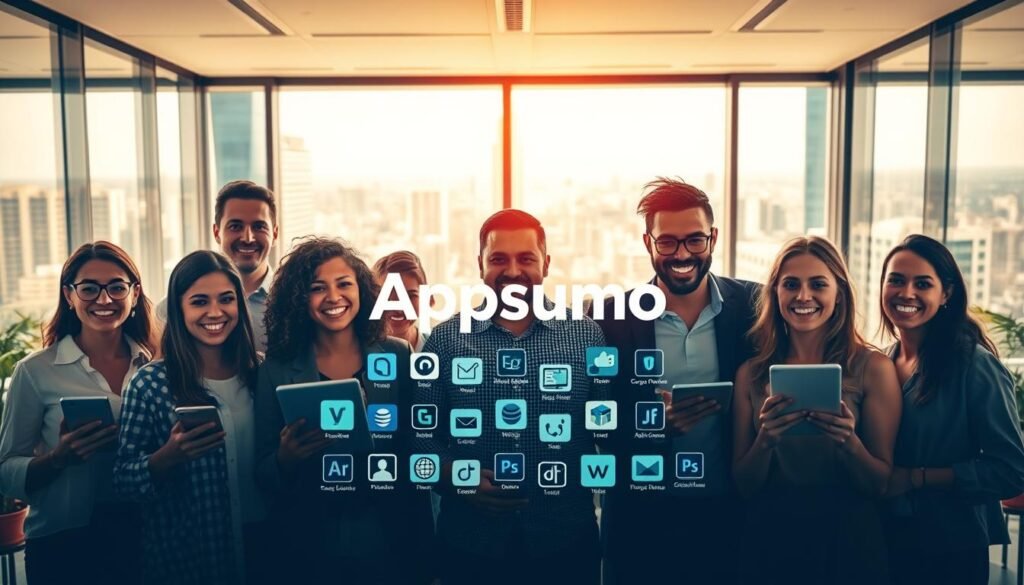 A vibrant and dynamic scene showcasing Appsumo's success stories. In the foreground, a group of diverse individuals - entrepreneurs, freelancers, and small business owners - beaming with pride and enthusiasm, their faces lit by the glow of their digital devices. The middle ground features an array of software icons, representing the wide range of products and services available through Appsumo's platform. In the background, a sleek and modern office setting, with large windows overlooking a bustling cityscape, symbolizing the professional and technological prowess of Appsumo's offerings. The lighting is warm and inviting, creating a sense of energy and optimism. The overall composition conveys the powerful impact Appsumo has had on the lives and businesses of its users.