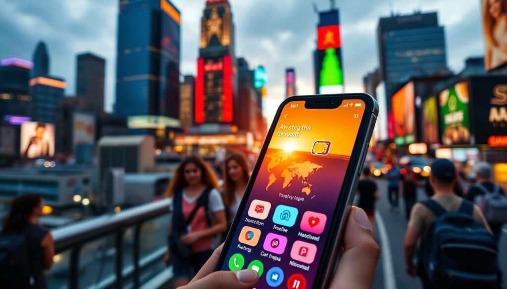 A vibrant and dynamic travel eSIM for seamless connectivity, set against a backdrop of a bustling city skyline. In the foreground, a close-up of a smartphone screen displaying the Saily app interface, its intuitive design and vibrant colors inviting the user to explore the world with ease. The middle ground features a group of travelers navigating the city streets, their faces lit by the warm glow of the sunset, conveying a sense of adventure and exploration. In the background, the towering skyscrapers and neon-lit streets create a sense of energy and excitement, perfectly capturing the essence of the "Saily: Your Ideal Travel Companion" section.