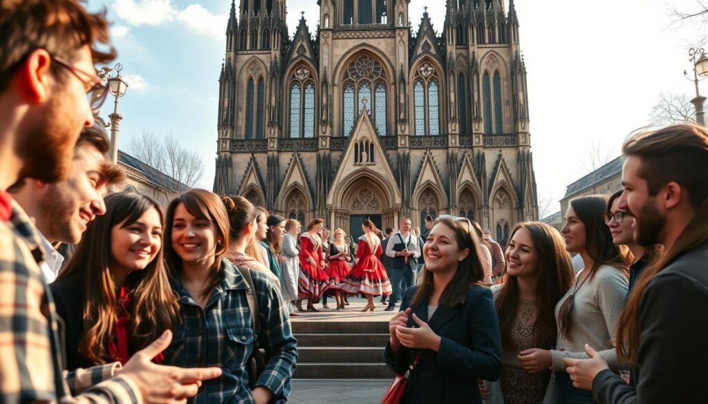 A vibrant and immersive scene showcasing the rich tapestry of Polish language and culture. In the foreground, a group of students enthusiastically engage in a lively discussion, their faces animated with a passion for learning. The middle ground features a traditional Polish folk dance performance, the colorful costumes and intricate choreography capturing the essence of the nation's cultural heritage. In the background, a grand cathedral stands tall, its ornate architecture and stained-glass windows casting a warm, spiritual glow over the entire scene. Soft, natural lighting illuminates the tableau, creating a sense of tranquility and wonder. The overall atmosphere conveys the depth and diversity of Poland's linguistic and cultural offerings, inviting the viewer to explore and immerse themselves in this captivating world.