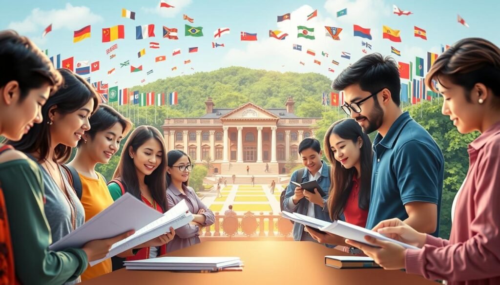A vibrant and informative illustration of the international student admission process, captured through a cinematic lens. In the foreground, a group of diverse students eagerly engaged in paperwork and digital interfaces, symbolizing the application and document submission stages. The middle ground showcases a university campus, with stately buildings and lush greenery, hinting at the academic environment they aspire to join. In the background, a kaleidoscope of flags and cultural symbols conveys the global nature of this educational journey. Soft, warm lighting and a subtle depth of field create a welcoming and aspirational atmosphere, inviting the viewer to envision themselves in this transformative process.