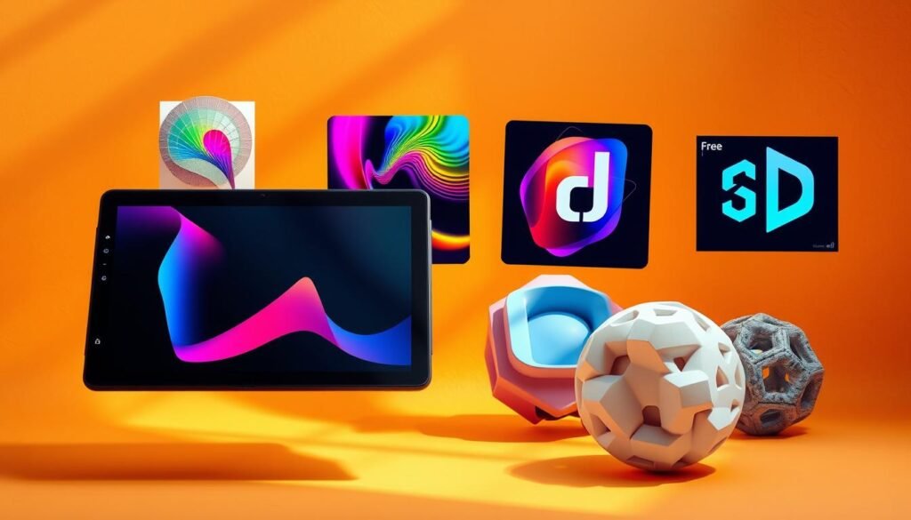 A vibrant and inspiring collection of digital design tools, including a sleek graphics tablet, a professional digital painting software, a modern vector illustration app, and a cutting-edge 3D modeling program, all floating against a warm, textured background that evokes creativity and innovation. The scene is bathed in soft, diffused lighting that casts gentle shadows, creating a sense of depth and dimension. The overall composition is balanced and visually striking, drawing the viewer's eye to the array of free, high-quality design resources ready to empower the user's creative endeavors.