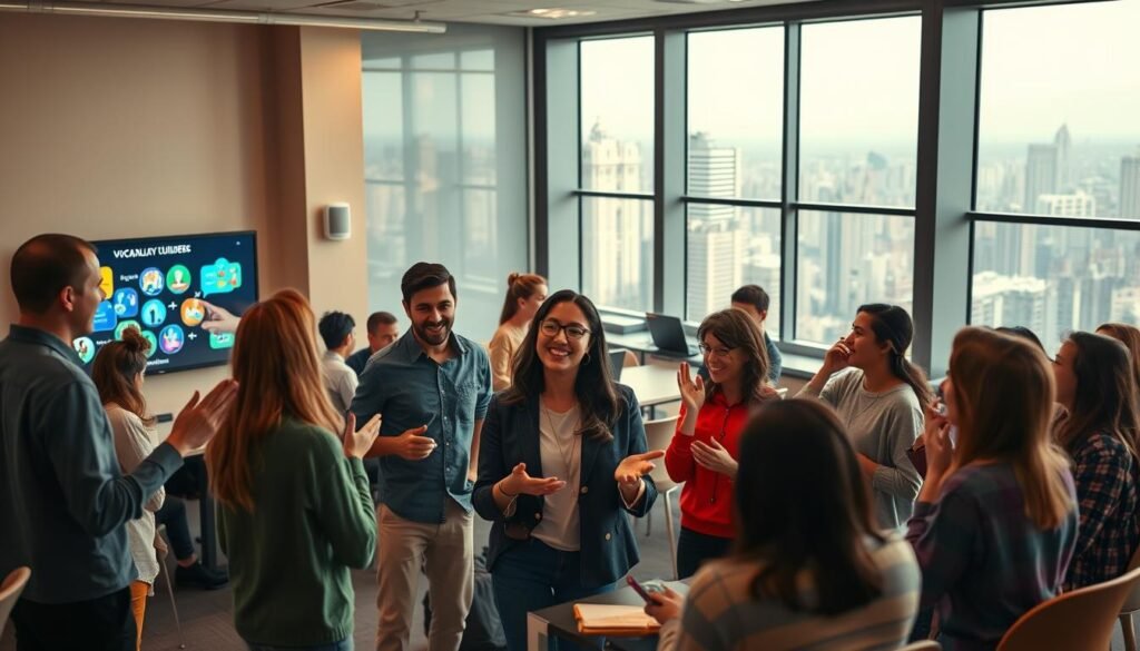 A vibrant and interactive language learning scene. In the foreground, a group of diverse learners engaged in lively conversation, gesturing animatedly and exchanging ideas. Behind them, interactive displays and screens showcase dynamic visuals, vocabulary builders, and gamified exercises. The middle ground features a warm, modern classroom setting with flexible seating arrangements and collaborative workspaces. In the background, a large window overlooking a bustling cityscape, infusing the scene with a sense of global connectivity. Warm, soft lighting illuminates the space, creating an inviting and immersive learning environment. The overall atmosphere conveys a sense of discovery, engagement, and the joy of language mastery.