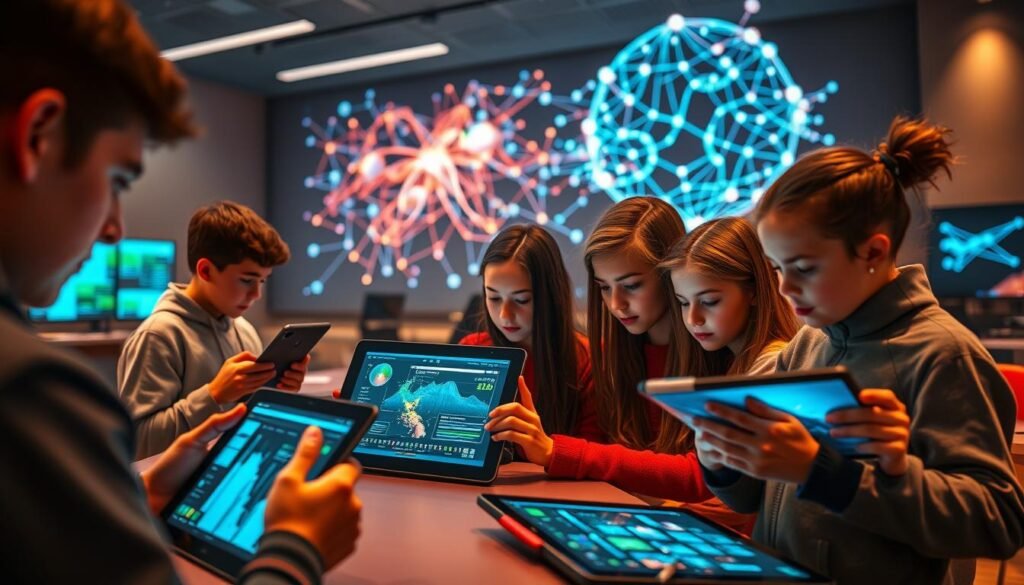 A vibrant and interactive scene showcasing the power of interactive learning and artificial intelligence. In the foreground, a group of students intently focused on their tablet screens, their expressions animated as they engage with dynamic data visualizations and simulations. The middle ground features a sleek, futuristic classroom setting, with ergonomic furniture and state-of-the-art technology seamlessly integrated. In the background, a holographic projection of a complex algorithm cascades across the walls, underscoring the deep, intelligent processing that powers the interactive learning experience. The lighting is warm and natural, creating a sense of immersion and discovery. The overall atmosphere conveys a harmonious blend of cutting-edge technology and human-centered design, inspiring a passion for knowledge and exploration.