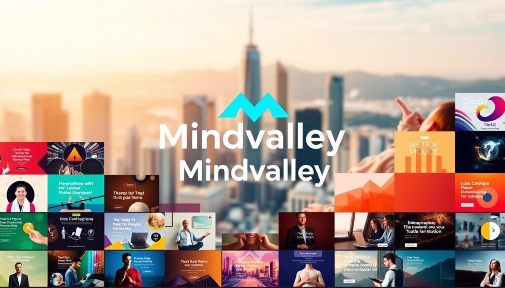 A vibrant and modern collage of Mindvalley's top personal development programs. In the foreground, a grid of course thumbnails showcasing their diverse offerings, each with a distinct color scheme and eye-catching imagery. In the middle ground, a large Mindvalley logo stands out, surrounded by dynamic geometric shapes and patterns that hint at the transformative nature of their courses. The background features a soft, blurred cityscape, conveying a sense of urban sophistication and progress. The overall scene is bathed in warm, natural lighting, creating a welcoming and aspirational atmosphere.