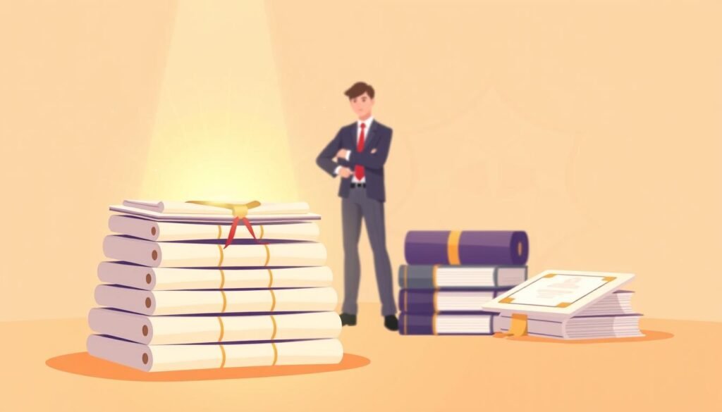 A vibrant and professional illustration showcasing the benefits of certified credentials. In the foreground, a stack of diplomas and certificates radiates an aura of achievement, elegantly lit from above. In the middle ground, a person stands confidently, their posture exuding pride and success. The background features a subtle, blurred pattern of geometric shapes, suggesting the structured framework of educational and professional development. The overall composition conveys a sense of accomplishment, expertise, and the value of recognized qualifications. Warm, neutral tones create a polished, authoritative aesthetic suitable for a business-oriented context.