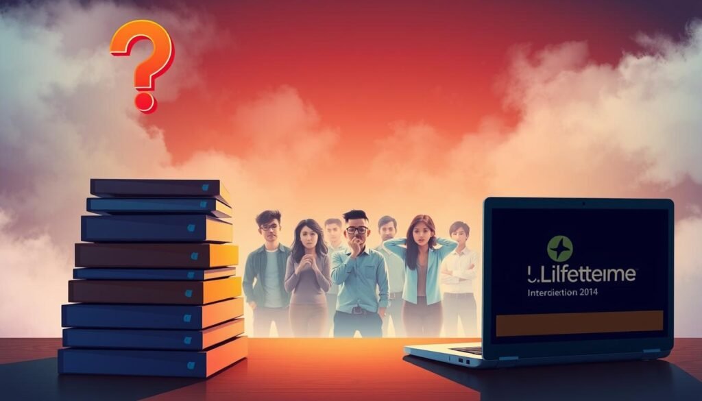 A vibrant and thought-provoking illustration of "lifetime deal misconceptions". In the foreground, a stack of laptops and software boxes represent the various lifetime deals, with a question mark hovering above, symbolizing the uncertainty and confusion surrounding these offers. In the middle ground, a group of perplexed individuals, their expressions and body language conveying their bewilderment. The background features a hazy, dreamlike landscape, with clouds of uncertainty and doubt obscuring the true nature of these lifetime deals. The lighting is soft and diffused, creating a sense of contemplation and introspection. The overall composition and color palette evoke a sense of intrigue and the need to unravel the common misconceptions about lifetime software deals.