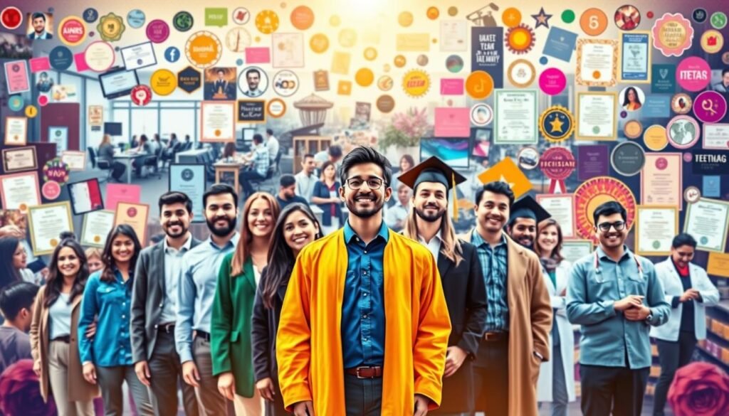 A vibrant collage depicting the success stories of GetSmarter graduates. In the foreground, a diverse group of individuals stands tall, their faces beaming with pride and accomplishment. The middle ground showcases a variety of professional settings, from corporate offices to research labs, highlighting the versatility of the skills acquired. In the background, a kaleidoscope of certificates, awards, and accolades symbolizes the recognition and validation these graduates have earned. The scene is illuminated by a warm, golden light, conveying a sense of achievement and optimism. The overall composition inspires confidence, underscoring the transformative power of GetSmarter's specialized courses and the successful journeys of its alumni.