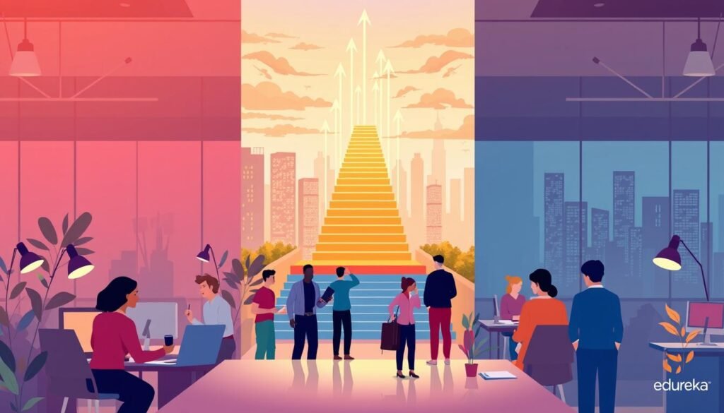 A vibrant, colorful illustration showcasing the diverse opportunities for professional development. In the foreground, a group of individuals in a dynamic work environment, engaged in collaborative tasks and discussions. The middle ground features a towering staircase, symbolizing the path to career advancement, with glowing arrows pointing upwards. In the background, a cityscape with modern skyscrapers and a warm, sunset-inspired palette, conveying a sense of progress and growth. The lighting is soft and diffused, creating a welcoming and aspirational atmosphere. The overall composition emphasizes the potential for personal and professional growth, reflecting the benefits of learning with Edureka.