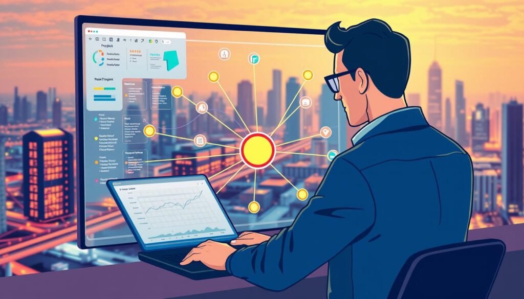 A vibrant, digitally rendered illustration depicting the concept of "Enhancing Project Management". In the foreground, a stylized project manager navigates a sleek, intuitive project management software interface, with dynamic visualizations and interactive tools. The middle ground showcases a web of interconnected project tasks, timelines, and resource allocations, all seamlessly integrated. In the background, a cityscape of skyscrapers and infrastructure symbolizes the complex, real-world projects being managed. The scene is bathed in a warm, productive glow, conveying a sense of efficiency, organization, and empowerment. The overall composition emphasizes the transformative impact of advanced project management capabilities.