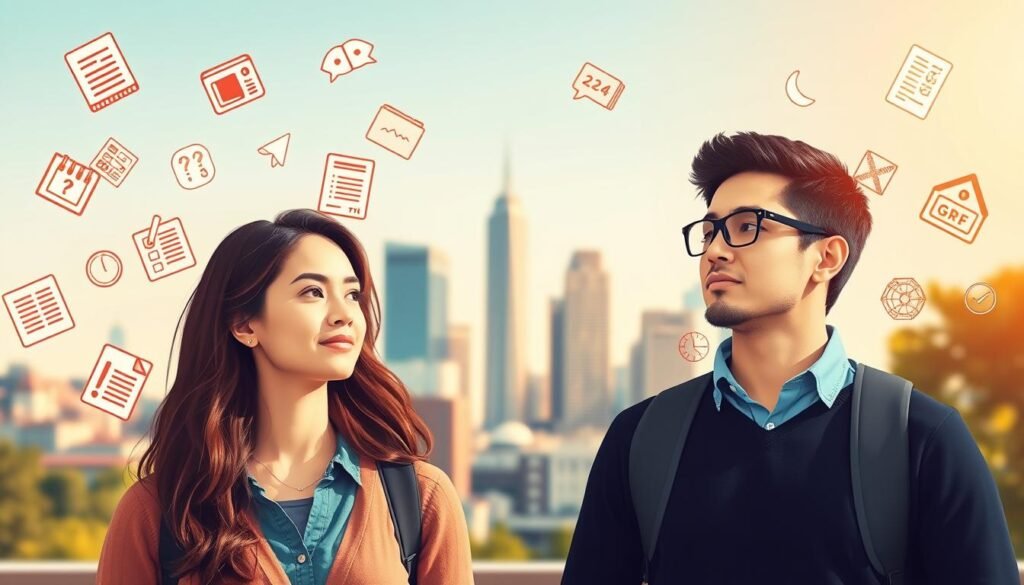A vibrant, energetic illustration showcasing the benefits of GRE and GMAT preparation. In the foreground, two focused students surrounded by floating icons representing key prep elements - practice questions, study materials, test-taking strategies. In the middle ground, a cityscape backdrop symbolizing the academic and professional opportunities unlocked by mastering these exams. Warm, natural lighting casts a productive, aspirational mood. Subtle bokeh effects draw the eye to the central figures. Crisp, clean composition with a dynamic, forward-looking perspective. An image that inspires and motivates prospective test-takers.
