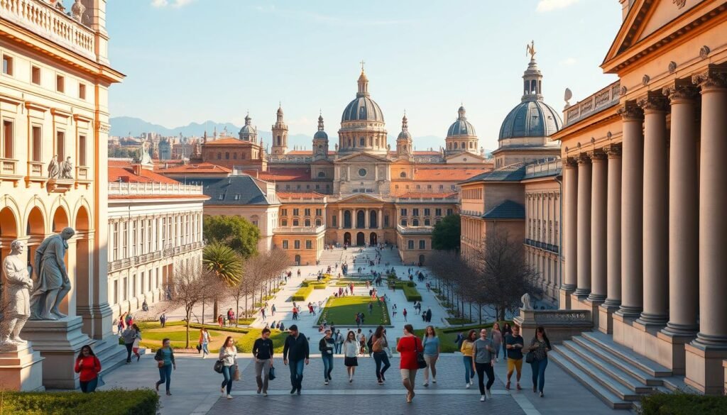 A vibrant illustration of Spain's higher education system, showcasing a grand university campus with neo-classical architecture. In the foreground, students stroll along a sun-dappled courtyard, discussing lectures and studying under the watchful gaze of majestic marble statues. The middle ground reveals a bustling hub of activity, with lecture halls, laboratories, and libraries, all connected by a network of cobblestone paths. In the background, the skyline is dominated by the iconic spires and domes of historic cathedrals, creating a sense of timeless tradition and intellectual grandeur. The lighting is warm and inviting, casting a golden glow over the entire scene, evoking the rich cultural heritage and scholarly excellence of Spain's renowned institutions of higher learning.